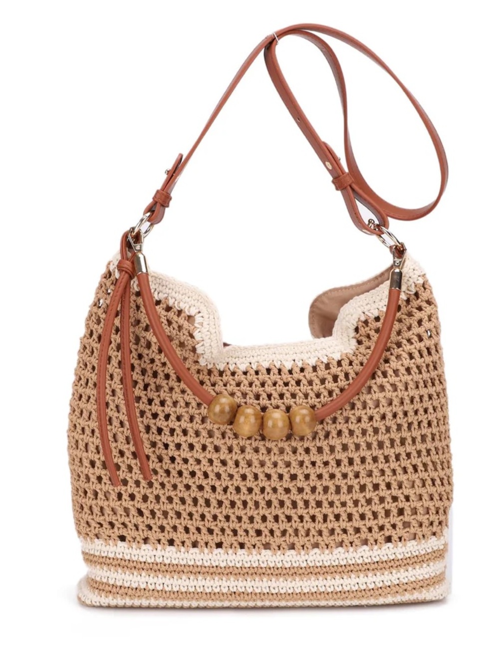 Woven Beach Tote Bag in Natural and White - Stylish Women's Shoulder Bag - Picture 3 of 3
